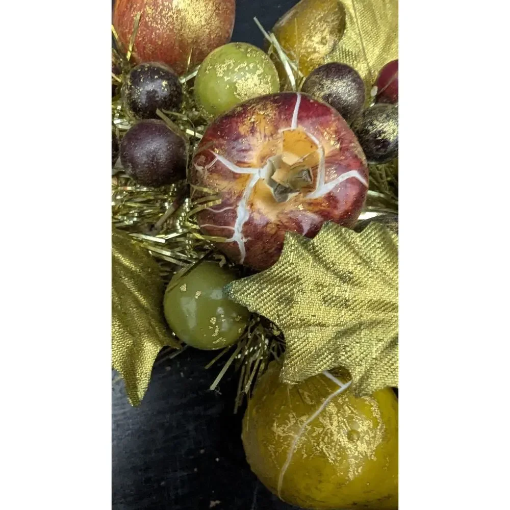 Gold Green Burgundy Tinsel Fruit Wreath Vintage 14